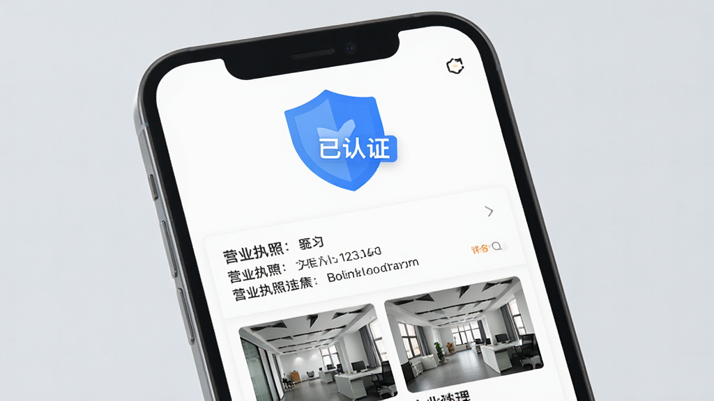 һ�ų�ƸAPP��ҵ��֤��ʶ��չʾͼ������Ϊһ���ֻ���Ļ��д����Ļ����ʾĳ��ҵ����Ƹ��ҳ��ҳ���Ϸ�����Ŀ����ɫ����ͼ��͡�����֤���������·��г�Ӫҵִ����Ϣ����ҵ������Ƭ������Ϊ��͵�ǳ��ɫ���������Ͻ������š�רҵ�������а�������Ƹ�����֣������������޶���Ԫ�ء�
