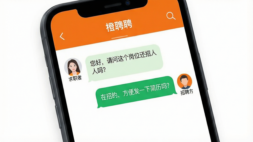 һ��չʾ��ƸAPP���������ֻ���ͼ���ͼƬ����������Ϊ�ֻ���Ļ����Ļ����ʾ��Ƹ��ֱ�Ĵ��ڣ����Ϊ��ְ��ͷ���Ҳ�Ϊ��Ƹ��ͷ�񣬶Ի�����չʾ�����ã����������λ�������𣿡��͡����еģ����㷢һ�¼����𣿡������֡�����Ϊ�ɾ��İ�ɫ���ֻ��߿�Ϊ��ջ�ɫ���������ࡢ�ִ������񣬻��������������������޶���װ��Ԫ�ء�