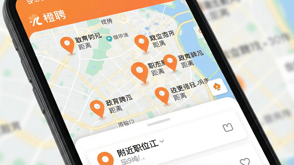 һ��չʾ��ƸAPP��ͼ�ҹ����Ľ���ͼ������Ϊ�ֻ���Ļ����Ļ����ʾ���е�ͼ����ͼ�Ϸֲ��Ŷ����ɫ�Ķ�λͼ����ÿ��ͼ���Ա�ע��ְλ���ƺ;��룬��Ļ�ײ�����������ְλ�б���Ƭ������Ϊǳɫ��ͼ������廭����ˬ��ֱ�ۣ����������ɱ棬���С���Ƹ����ʶ������ϸ�塣