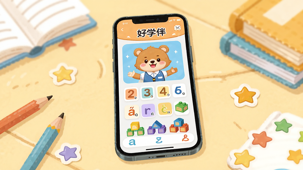 ��������ڷ�һ�������ֻ����ֻ���Ļ����ʾ����ѧ�顱Ӧ�������棬�������п�ͨС������ʦ�����ֿ�Ƭ��ƴ����ĸ����ɫ��ľ��ѧϰԪ�أ��ֻ���Χɢ����Ǧ�ʡ��鱾��������ֽ������Ϊ����ɫ��ܰ����������������Ϊ��ƽ��ͨ�廭�磬ɫ��������ͣ�ϸ�������ɾ������ʸ��壬�޶�������Ԫ��