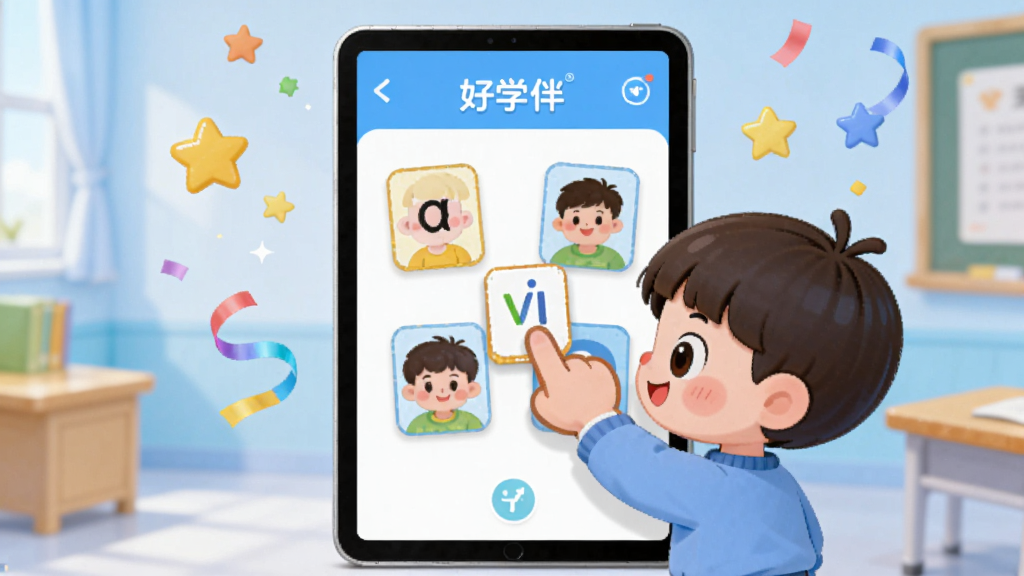 ����������һ������ƽ���豸����Ļ��չʾ����ѧ�顱�Ļ���ѧϰ���棬һ����ͨС����������ָ�϶�ƴ����Ƭ����Ӧ��ͼƬ�ϣ���Ļ��Χ�����ǺͲʴ�Ʈ�䣬����Ϊǳ��ɫ���ҷ���Ű�����У����Ϊ�ɰ���ͨ�廭��ϸ�ڷḻ�����ʸ��壬�ɾ��޶���Ԫ��