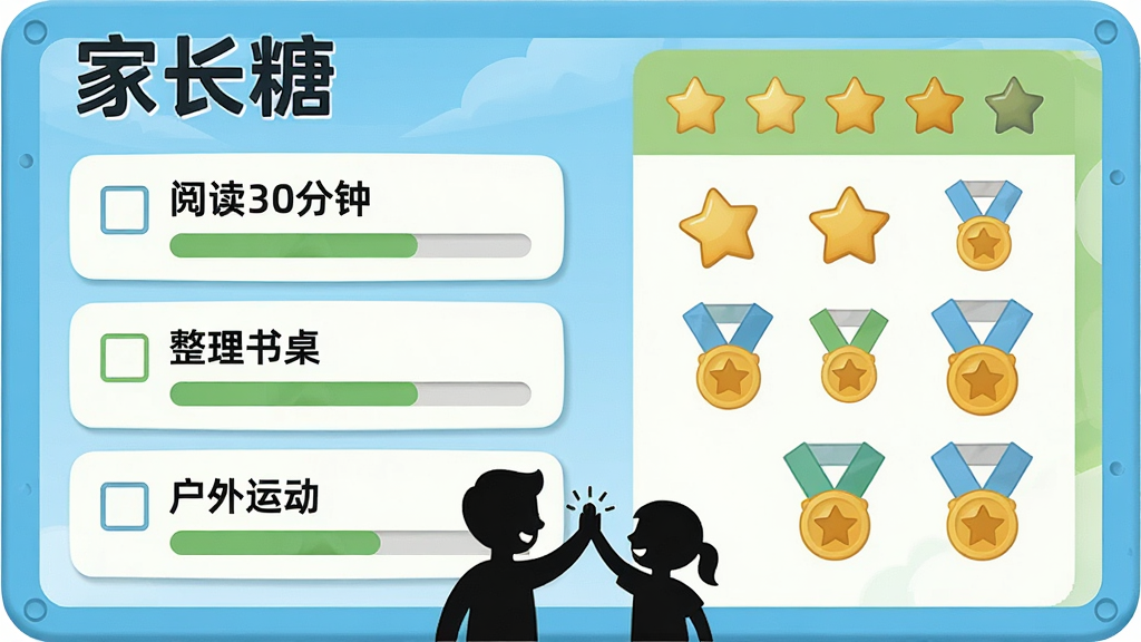 һ��AI���ɵĻ��棬������һ����ͨ���ļ�ͥ���񿴰壬�������Ͻ�д�š��ҳ��ǡ�����������Ϊ����ռ�ݻ������ģ���Ϊ���������������г����Ķ�30���ӡ��������������������˶���������Ƭ��������ʾ���ǻ��ֺͽ���ͼ�ꡣ�Ű����룬���Ϊ���������ʸ���廭��ɫ�������������̺�ů��Ϊ����ϸ���ϣ�ÿ������Ƭ���и�ѡ��ͽ�����������ײ��мҳ��뺢�ӻ��Ƶļ�Ӱ�������������ɾ����޶���Ԫ�ء�