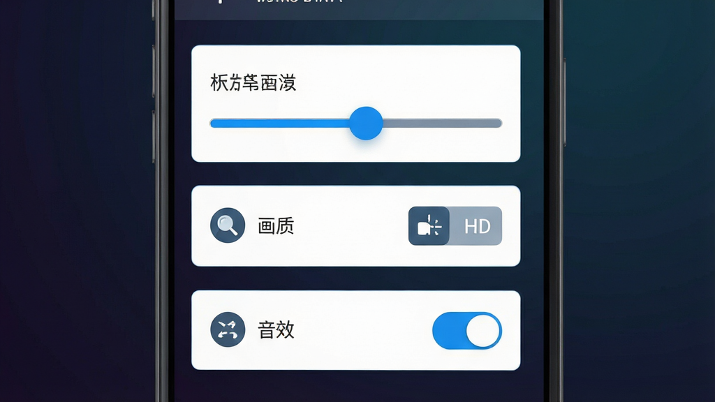 画面主体为手机屏幕显示游戏设置界面,界面中包含帧率调节滑块、画质选项、音效开关等设置项,布局采用手机正视图,排版上设置选项从上到下依次排列,风格为扁平化UI设计,细节包括滑块带有蓝色高光、选项图标简洁明了、背景为深色渐变,画质为高清矢量风格、干净整洁、无多余元素,画面中不出现任何文字