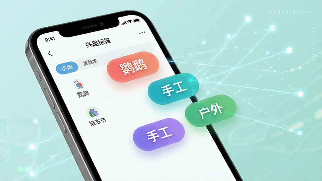�����������Ƽ�����չʾ��������һ���ֻ���Ļ��ʾ��Ȥ��ǩѡ����棬�����ɫ��ǩ�硰���ġ����ֹ��������⡱�������У������е������Ƽ��㷨�������ӣ����Ƽ��������¸н�ϣ�ϸ�ڷḻ�������������޶���Ԫ��