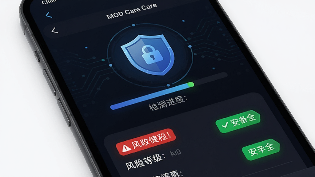һ���ֻ�����չʾ MOD Care ��ȫ���ҳ������Ϊ����ͼ��ͼ����ȣ��·�Ϊ���յȼ��б������Ϊ��ɫ�Ƽ��磬ϸ�ڰ�����ɫ�����ǩ����ɫ��ȫ��ǩ�����ʸ��壬�ɾ����޶���Ԫ��