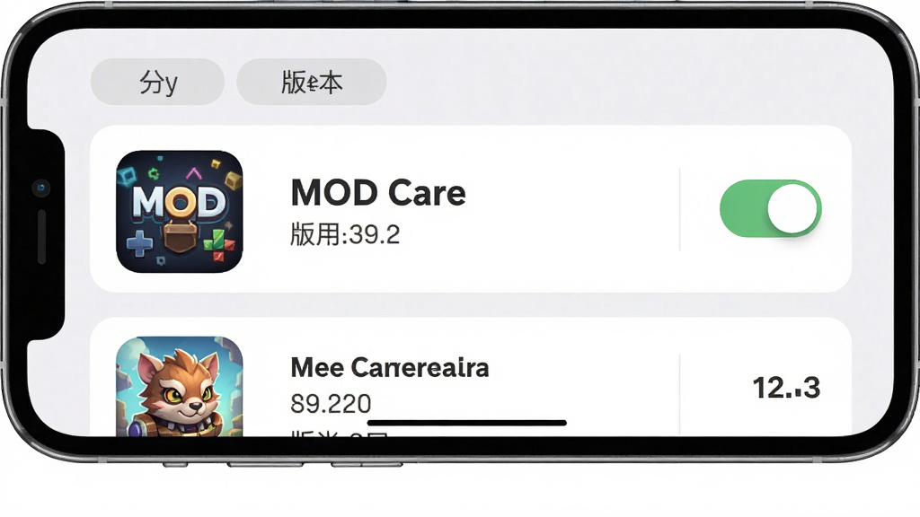 һ���ֻ�����չʾ MOD Care ģ���б�ҳ�����Ϊ��Ϸͼ�꣬�м�Ϊģ��������汾�ţ��Ҳ�Ϊ���ÿ��أ�����Ϊǳɫ��Ƭʽ���֣��������ˬ��ϸ�ڰ��������ǩ������ͳ�ƣ����ʸ��壬�ɾ����޶���Ԫ��