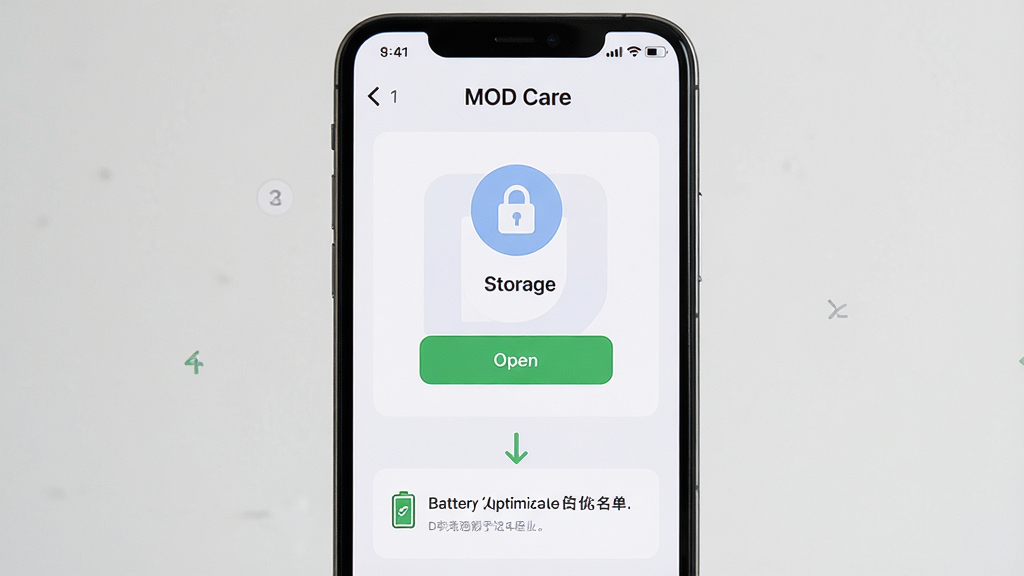 һ���ֻ���Ļչʾ MOD Care Ȩ����������ҳ������Ϊ�洢Ȩ��ͼ��Ϳ�����ť���·�Ϊ����Ż���������ʾ�����Ϊǳɫ��Լ�磬ϸ�ڰ���������źͼ�ͷָ�������ʸ��壬�ɾ����޶���Ԫ��