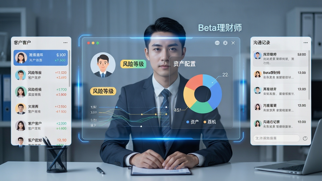 ����չʾһλ����ʦ���ڰ칫��ǰ����ǰ�������İ�͸��������壬�������ʾ�ͻ�ͷ�񡢷��յȼ���ǩ���ʲ����ñ�ͼ������Ա��С�Beta����ʦ������������Ϊ���������ַ�������ǿͻ��б����м��ǻ������ͼ���Ҳ��ǹ�ͨ��¼�����Ϊ�ִ��Ƽ�����磬ϸ�ڰ�����ɫ��Ч�����������������������ɾ����޶���Ԫ��