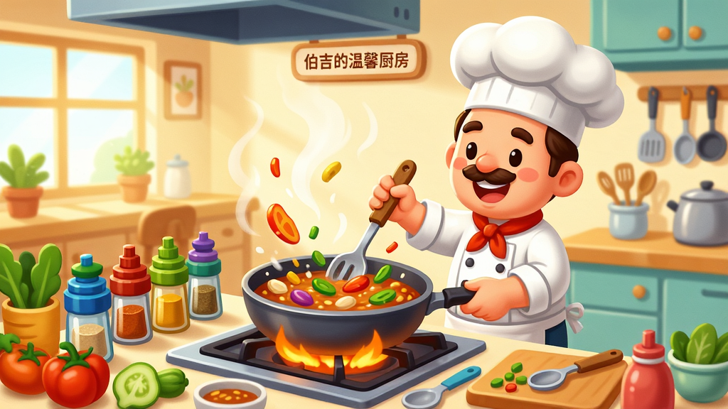 ����չʾһλ��ͨ��ʦ�ڳ�����æµ��⿵ĳ�������̨�ϻ�������������ʳ�ķ������Ա߰���������ɫ�ĵ�ζƿ������ʳ�ģ����������������Ĳ�����������������ů����Ŀ�ͨ���ɫ�����ޣ���ͼ�Գ�ʦ����̨Ϊ���ģ�ϸ�ڰ���Ʈɢ������������;ߣ����������ɾ��������пɳ���