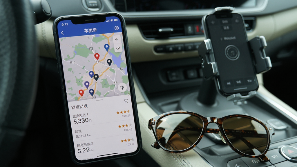 �ֻ���Ļ��ʾ�����۵ۡ�APP�������ͼҳ�棬��ͼ���ж����λ��ǵ㣬�·����������б���Ƭ��ʾ��������֣��ֻ��Ա߷���һ��̫�����ͳ����ֻ�֧�ܣ����ֲ��������ʵ�ķ磬����Ϊ������ʻ���ӽǣ�������Ȼ�������������ɾ��޶���Ԫ��