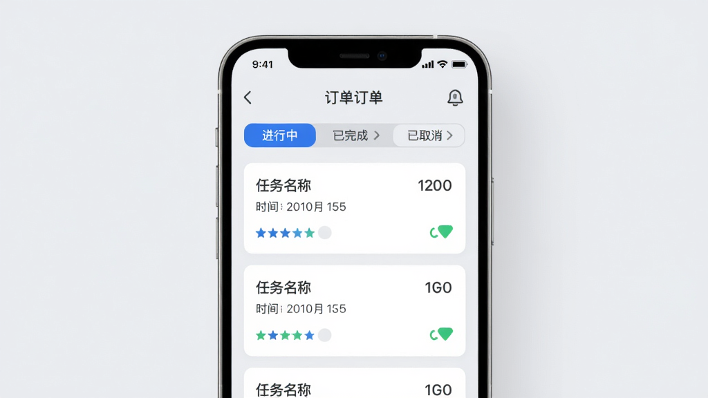 ���ж�������ҳ�棬�ֻ���Ļչʾ�����б������������С�����ɡ���ȡ�������ǩ��������Ƭ��ʾ�������ơ�ʱ�䡢״̬��ʶ��������ˬ��ǳ�ҵ�ɫ����ɫǿ��ɫ�����ʸ��壬�Ű�����