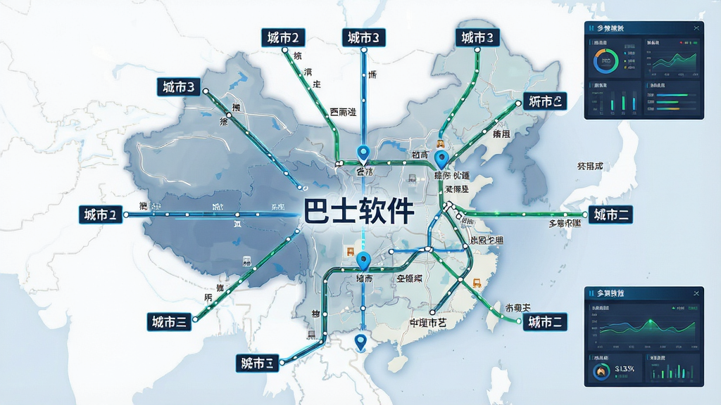 一张中国城市公交网络示意背景图,主体为“巴士软件”多城市覆盖概念,布局为地图+多城市标签,排版为中央地图向外辐射,风格科技简洁,细节包括多个城市名称、公交线路连线、定位图标、数据面板,画质高清,画面干净,无多余元素
