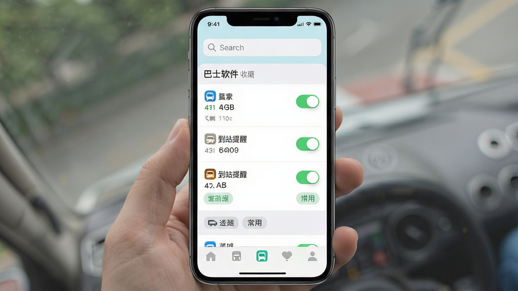 手机屏幕中显示“巴士软件”收藏夹页面,主体为应用界面,布局为上下结构,排版为顶部搜索栏+中部收藏线路列表+底部导航栏,风格清新浅色,细节包括收藏站点名称、线路编号、到站提醒开关、常用标签,画质高清,画面干净,无多余元素