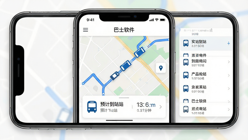 一款名为“巴士软件”的手机应用界面展示实时公交地图,主体为手机屏幕,布局采用居中大屏展示,排版为地图+公交图标+到站时间卡片,风格现代简洁,细节包括蓝色公交路线、移动车辆图标、预计到站分钟数、站点列表,画质高清,画面干净,无多余元素
