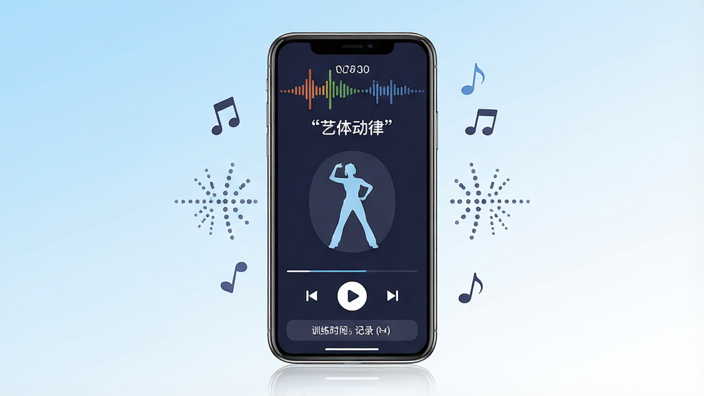 �����������һ�����������ֻ�����Ļ��չʾһ���赸ѵ��Ӧ�õĽ��棬�����Ϸ��н��ನ����������֣��в����赸�����Ӱ����ʾ��ͼ���·������Ų��ſ��ư�ť��ѵ��ʱ����¼ģ�飬�ֻ���Χ������������������ĵ���װ��Ԫ�أ����岼�ֲ��þ��жԳƹ�ͼ������Ϊǳ��ɫ���䵽��ɫ����͹��ɣ����ƫ���ִ���ƽ��UIչʾ��ϸ�����ֻ���Ե����΢�߹ⷴ�䣬��Ļ������ʹ�����ű�ע�����嶯�ɡ������������ɾ����޶�������Ԫ��