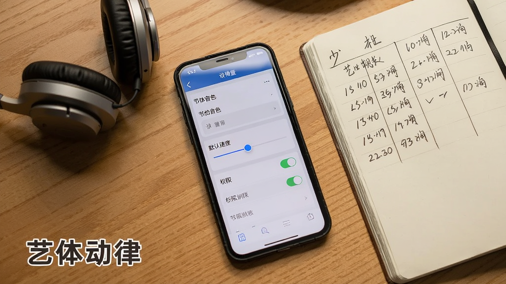 ����չʾһ���ֻ�ƽ���������ϣ���Ļ��ʾ�赸ѵ��Ӧ�õ�����ҳ�棬ҳ�����н�����ɫѡ�Ĭ���ٶȻ��顢Ȩ�޿��ص��б���ֻ��Ա߷���һ��������һ�������ıʼǱ����ʼǱ�������д��ʱ��滮�������岼��Ϊ�����ӽǵľ�����ϣ����Ϊ��ů�����Ӱ�У�ϸ�����ֻ���Ļ����΢���⣬����Ϊľ�������������б�ע�����嶯�ɡ����֣�����������Ȼ���޶�������