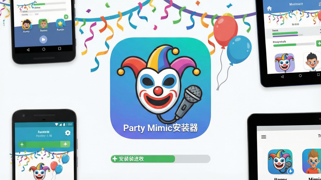 һ���������ֻ���Ϸ����չʾ�������ǡ�Party Mimic��װ����Ӧ��ͼ�꣬ͼ��Ϊ��ͨ����С���������˷���ϣ��������ɶԲʴ�������װ�Σ���Χ�����Ű�׿�ֻ���ƽ���豸�����沼�ּ�����������Ϊ�ִ���ƽ����ƣ�ϸ�ڰ�����װ����������Ϸ��ɫСͼ�꣬���ʸ��壬�ɾ��޶���Ԫ��
