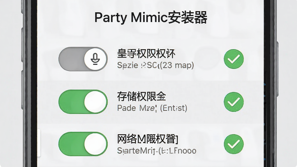 һ���ֻ���Ļ��ͼ���Ĳ廭��չʾ��Party Mimic��װ������Ȩ�����ý��棬����������˷�Ȩ�޿��ء��洢Ȩ�޿��غ�����Ȩ�޿��أ�ÿ�������Ա�����ɫ�򹴱�ǣ�����Ϊǳ��ɫ�����Ϊ������˵�UI������ƣ�ϸ�ڰ�����ʾ���ֺ�ͼ�꣬���ʸ��壬�ɾ��޶���Ԫ��