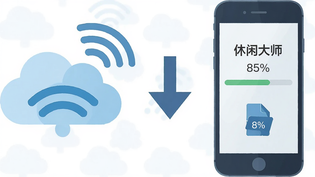 һ�ű�ƽ������ʾ��ͼ������������ƶ��Wi-Fi�ź�ͼ�꣬�м���һ�����µļ�ͷָ���Ҳ���ֻ����ֻ���Ļ��ʾ�����д�ʦ�������ػ�������������ִ����ң����Ƽ���Լ��ϸ�ڰ������ȰٷֱȺ��ļ�ͼ�꣬���ʸ��壬�ɾ����޶���Ԫ��