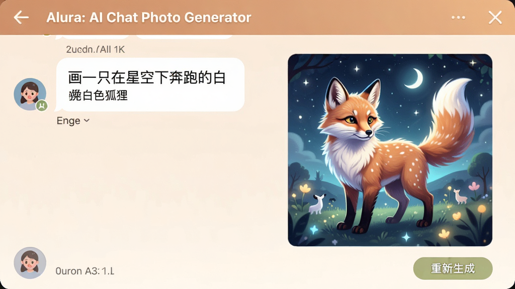 һ��AI�滭Ӧ����������ͼ������ΪAlura: AI Chat Photo Generator�ĶԻ����ɹ��ܣ����������ʾ�û��������ݡ���һֻ���ǿ��±��ܵİ�ɫ���ꡱ���Ҳ���ʾAI���ɵľ����廭����ͼ���Ű������������ʽ��ƣ������ů��ͣ�ϸ�ڰ���ʱ������������ɰ�ť�����ʸ���ɾ��޶���Ԫ��