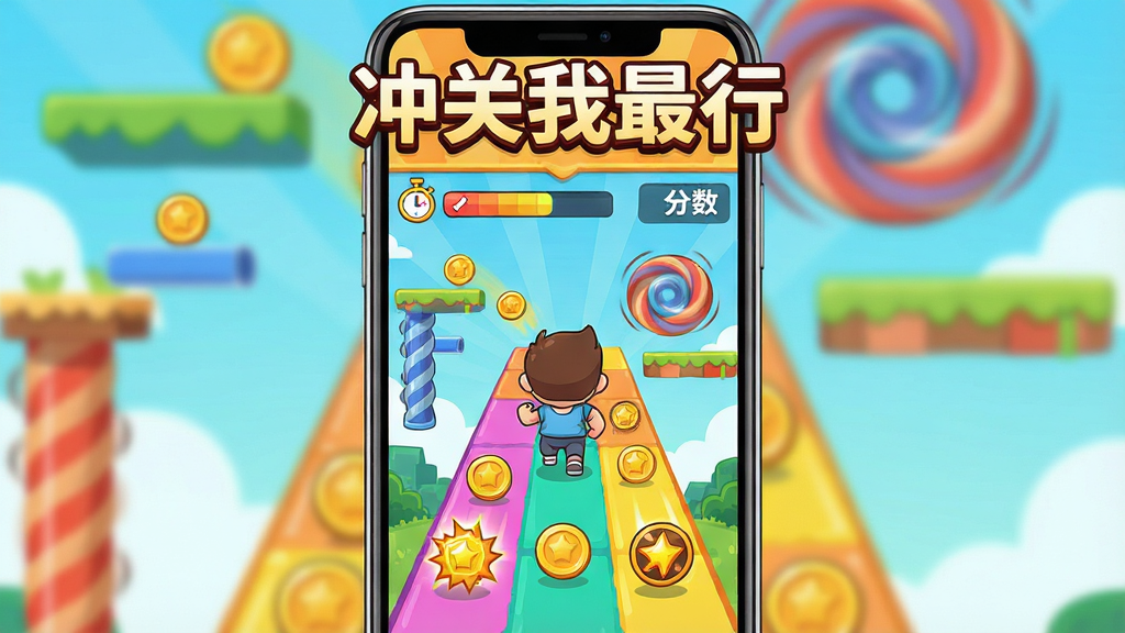 ��������չʾһ���ֻ�������Ϸ���棬������һ���ɰ��Ŀ�ͨ��ɫ���ڲ�ɫ�ܵ��ϱ��ܴ��أ���Χɢ��������ٵ��ߣ������Ϸ�����Ŀ����д�š���������С������ֲ������·ֲ�ṹ���Ϸ������·���Ϸ���棬���Ϊ������õı�ƽ��ͨ���ϸ�ڰ�����Ծƽ̨����ת�ϰ�����ʱ���������ʾ�����������ɾ����޶���Ԫ��