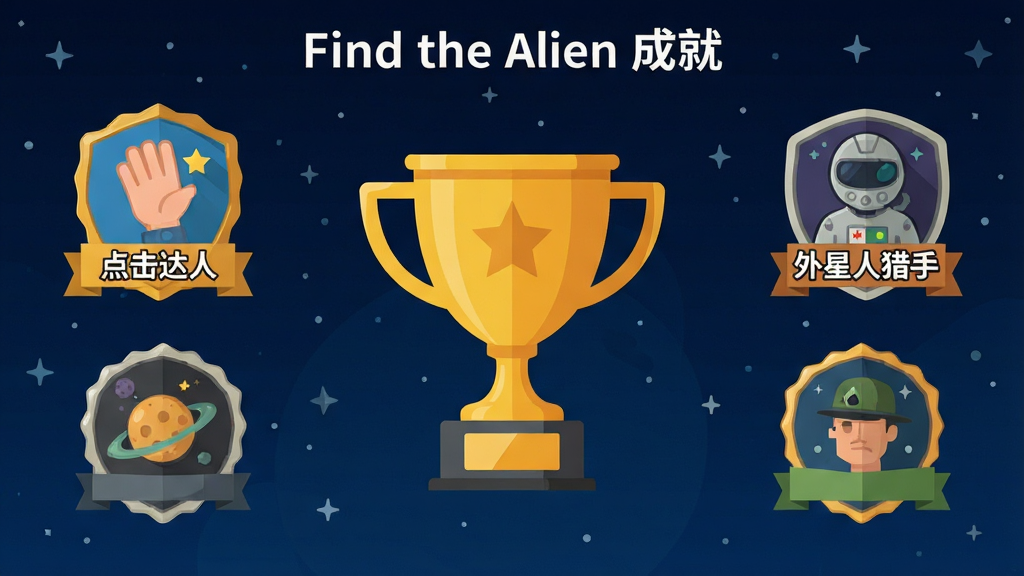 һ����Ϸ�ɾ�չʾ���棬����������һ����ɫ�Ľ�������Χ�����Ÿ��ֳɾͻ��£�����һ����������ˡ���ͼ���һ�������������֡���ͼ�ꡣ����������ɫ���ǿգ����Ϊ��ƽ����ƣ�ϸ�ڰ��������ϵ����ֺ�ͼ���������������ɾ����޶���Ԫ�أ������д������֡�Find the Alien �ɾ͡���