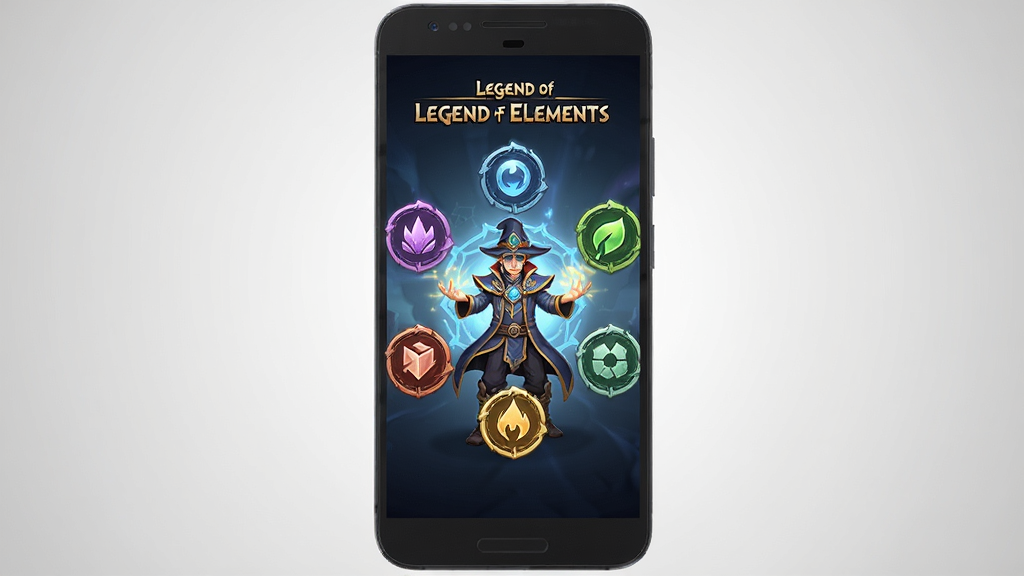 һ����׿�ֻ���Ļ��ʾLegend of Elements��Ϸ�����棬����������Ԫ���ٻ�ʦ��ɫ���߸�Ԫ��ͼ�껷�ƣ�����Ϊ�ֻ���������չʾ�����Ϊ��Ʒչʾͼ��ϸ�ڰ����ֻ��߿�Ϊ��ջ�ɫ����Ļ����ϷUI�����ɼ��������Ǹɾ���ǳ��ɫ���䣬�����д����֡�Legend of Elements�������ʸ��壬�ɾ����޶���Ԫ��