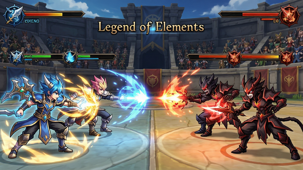 һ��չʾPVP������ս����������Ϸ��ͼ���ͼƬ������������Ԫ��ս���ڻ���������ţ��������Ҷ����ұ��ǵз����飬����Ϊ�Գ�ʽ��ͼ�����Ϊ��ϵ���ս��������ϸ�ڰ�����ɫ�ͷż��ܵ���Ч��Ѫ����ŭ������ʾ�ڽ�ɫ�Ϸ��������Ǿ�������̨�������д����֡�Legend of Elements�������ʸ��壬�ɾ����޶���Ԫ��