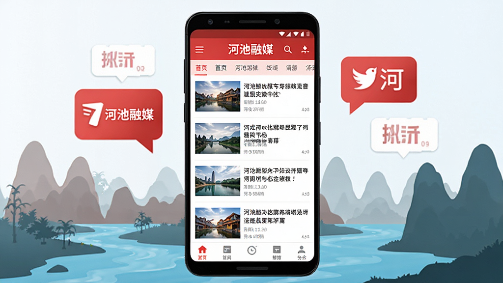 ����������һ����׿�ֻ����ֻ���Ļ��չʾ�ӳ���ýAPP��ҳ���棬���������б���������������ײ����ܲ˵�����ɫ��Ϊ��ɫ���ɫ���䣬���ּ���������ֻ���Χ���ƺӳ�ɽˮ��Ӱ����Ѷ����ͼ�꣬���Ϊ��ƽ���Ƽ��磬ϸ�ڴ��ɼ����ӳ���ý�����������������ɾ����޶���Ԫ��