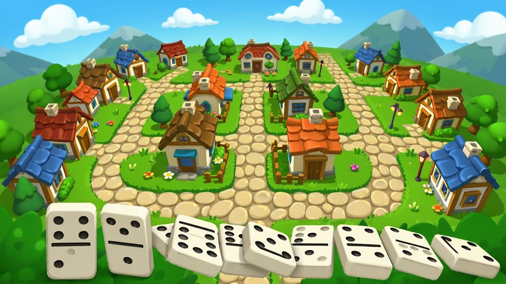 һ��չʾ Domino Village ��Ϸ�������ȫ��ͼ���������������ⰻȻ�Ŀ�ͨ��ׯ����ӽǣ�����ʯ��С·�������ɫ�ݶ���С�ݣ�ǰ���ڷ������Ű�ɫ���ڵ�Ķ���ŵ���Ƴʵ��µ�����״̬��������������ƺ�Զɽ����������������޵ı�ƽ�廭���ϸ�ڷḻ�����������ɾ����޶���Ԫ��