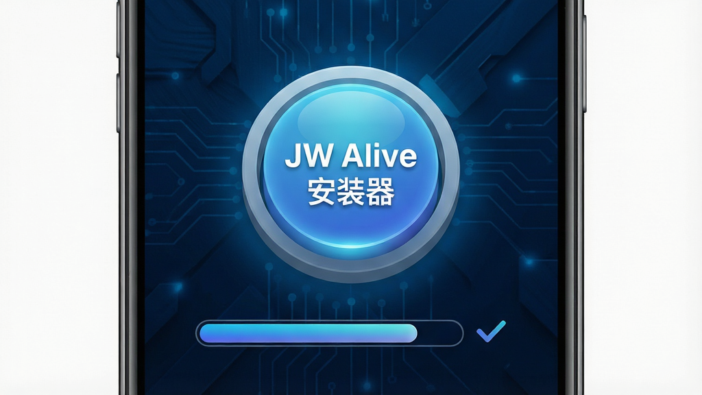 һ��չʾJW Alive��װ��һ����װ���ܵ�ʾ��ͼ������������һ���ֻ����棬����������һ�������Բ�ΰ�ť����ť��д��JW Alive��װ������ť�·��н������͹�ѡͼ�꣬����������ɫ�Ƽ�����������Ϊ���½ṹ�����Ϊ�ִ���Լ��ϸ�ڰ�����ť������кͽ������Ľ���Ч���������������ɾ��޶���Ԫ��