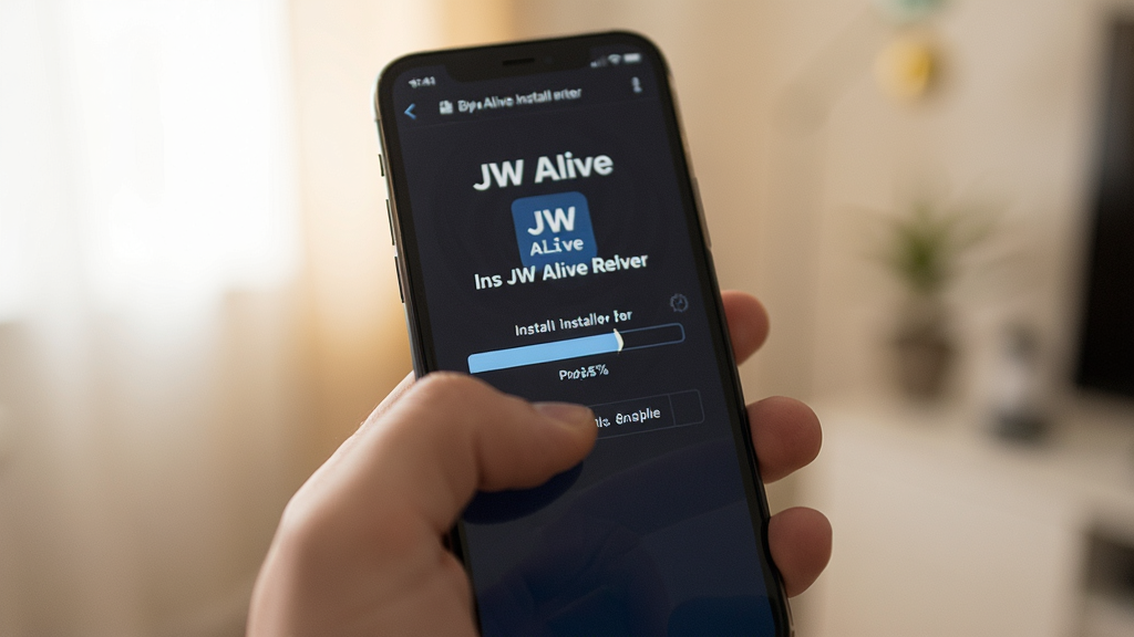 һ��չʾJW Alive��װ�����ֻ��ϲ�����ʵ�ķ��ͼƬ������Ϊһֻ�������ֻ����ֻ���Ļ����ʾ��װ���İ�װ���Ƚ��棬��������JW Alive��װ�����ֺͽ��Ȱٷֱȣ�����Ϊ������͹��ߣ�����Ϊ�ֳ���д�����Ϊ����Ƽ��У�ϸ�ڰ�����ָ�Ĵ��ض�������Ļ���⣬�����������ɾ��޶���Ԫ��