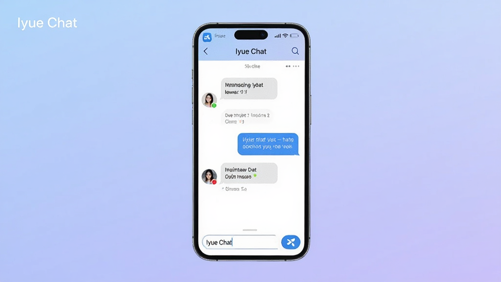 һ��չʾ Iyue Chat ����Ʒ�����������ͼ����������Ϊһ�������ֻ���Ļ����Ļ����ʾ Iyue Chat ������棬�����Ի����ݺ���ϵ��ͷ�񣬱���Ϊ��͵����Ͻ���ɫ�������ֲ��þ��й�ͼ������ִ���Լ��ϸ������������������ͼ�ꡢ�����ͷ��Ͱ�ť�����ʸ��壬�ɾ����޶���Ԫ�ء�
