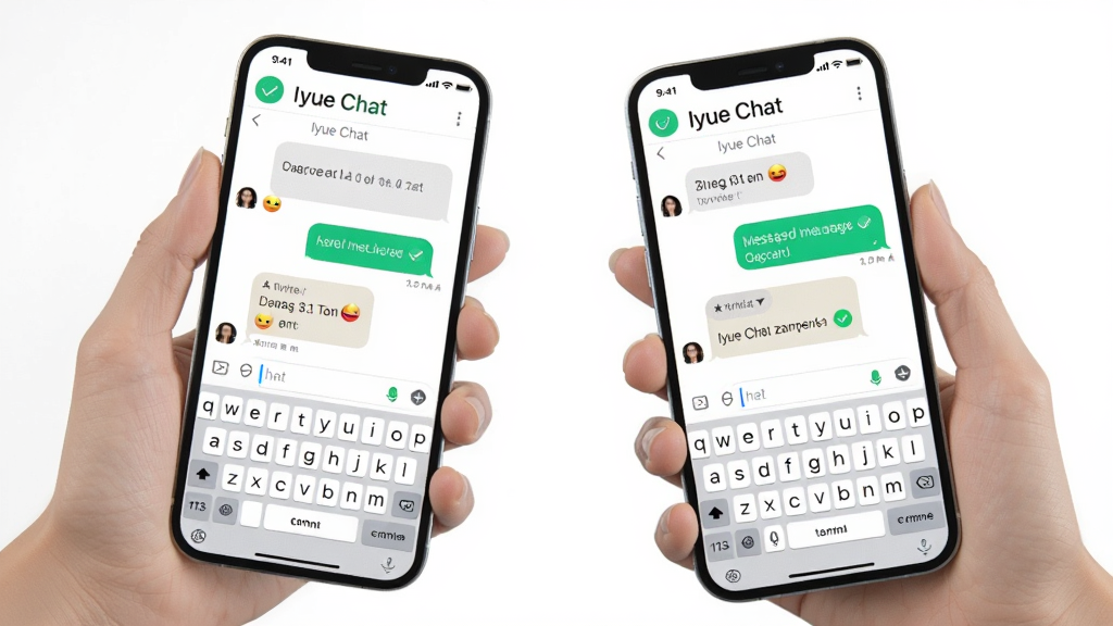 һ��չʾ Iyue Chat ��ʱͨѶ���ܵĳ���ͼ����������Ϊ��ֻ�ָ���һ���ֻ�����Ļ��ʾ Iyue Chat ������Ի����棬�Ի������������ֺͱ�����ţ�����Ϊ���ҶԳƣ�����������죬ϸ����������Ϣ���ͳɹ��ĶԹ�ͼ���������̣������������ɾ����޶���Ԫ�ء�