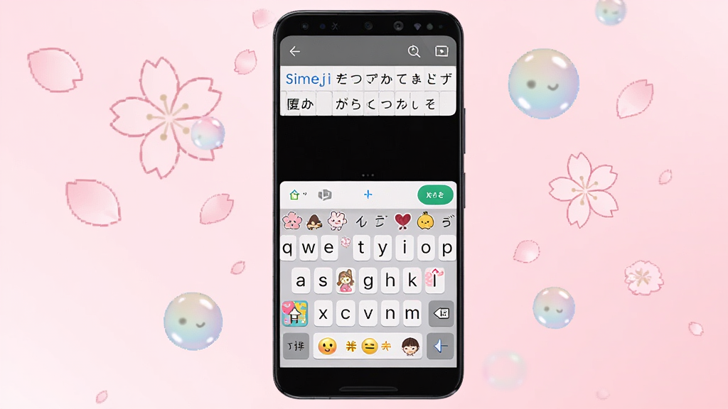 һ��չʾSimeji�������뷨�ڰ�׿�ֻ������е�ȫòͼ������������һ�����������ֻ�����Ļ����ʾ��Simeji���뷨���棬�����������ɰ�����ϵ��ͨ��ֽ�������ְ�ť��������ѡ������ʾ�����������ʣ��ֻ���ΧƯ����ӣ������Ͳ�ɫ���ݣ���������͵�ǳ��ɫ���䣬���������»��ã�ϸ�ڷḻ�����������ɾ����޶���Ԫ��