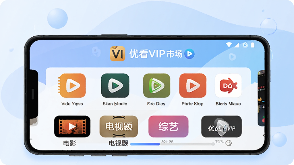 һ��չʾ�ſ�VIP�г���ƽ̨��Ա�ۺϹ��ܵ�ͼƬ������������һ��������õİ�׿�ֻ�����Ļ����ʾ�����Ƶƽ̨ͼ������������һ���ۺ�����У�����Ϸ����ſ�VIP�г��ı�־���·��е�Ӱ�����Ӿ硢���յȷ����ǩ������Ϊ��͵�ǳ��ɫ���䣬���Ϊ��ƽ���Ƽ��廭��ϸ�ڰ���������ƽ̨ͼ�ꡢ���ఴť�ͽ����������ʸ��壬����ɾ����޶���Ԫ��