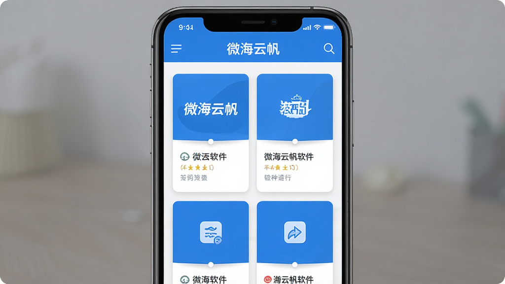 一张展示微海云帆软件主界面的手机样机图,居中构图,界面包含顶部导航栏和功能卡片区域,卡片上有“微海云帆”文字标识,整体采用蓝白配色,扁平化设计风格,细节清晰,画质干净,无多余元素,适合软件下载站展示
