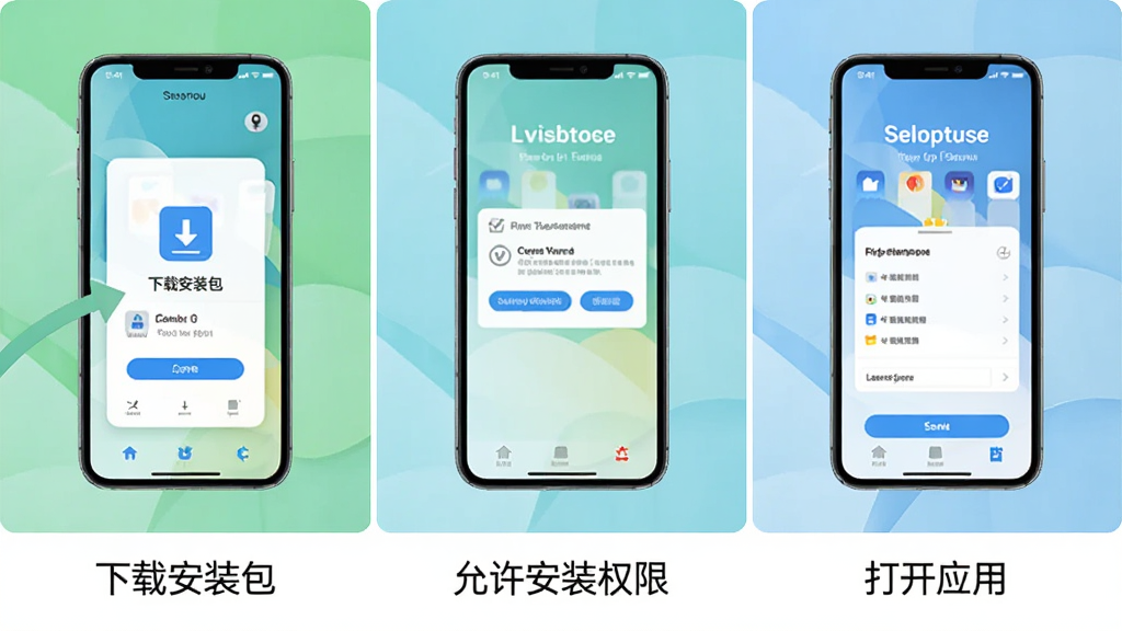 一张展示手机安装微海云帆应用过程的步骤示意图,画面分为三个小图横向排列,分别表示“下载安装包”“允许安装权限”“打开应用”,每张图下方配有简短文字说明,整体风格简洁明了,配色清爽,画质干净,无多余元素