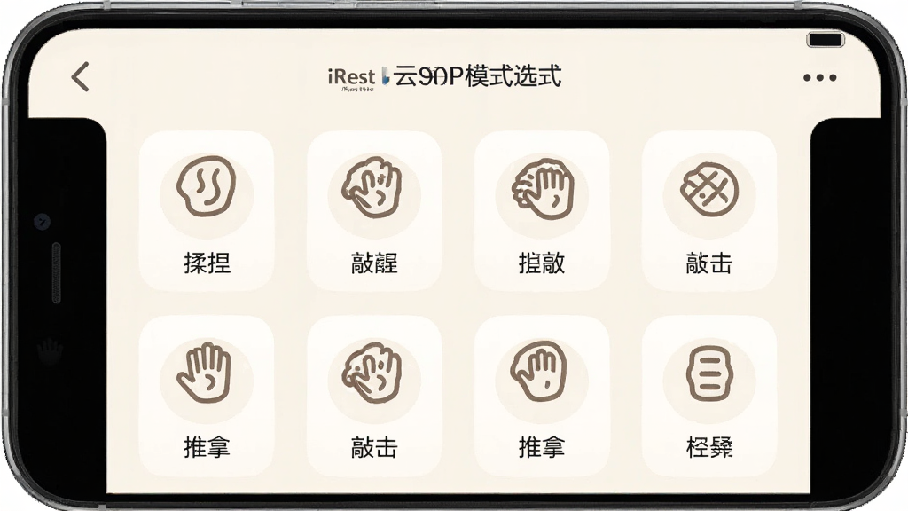 һ��չʾiRest��APP��Ħģʽѡ�������ֻ���ͼ���������ֻ���Ļ��ʾ�Ŷ����Ħģʽͼ�꣬���������û������õȣ�ÿ��ͼ���·��������ı�ǩ������Ϊ���ŵ��װ�ɫ�������Ű��������򣬷��������ͣ����ʸ��壬�޶���Ԫ��