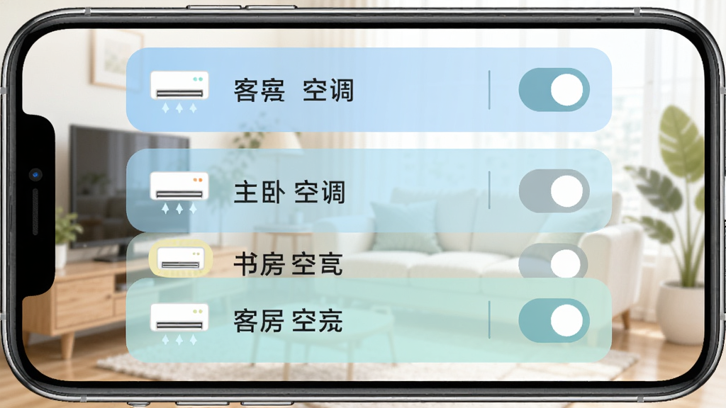 ���ܿյ�ң��AI���豸�������棬�ֻ���Ļ��ʾһ���б������������յ������Կյ����鷿�յ�������Ŀ��ÿ����Ŀ����пյ�Сͼ�꣬�Ҳ��п��ذ�ť�������ǾӼһ��������Ϊ���±�ƽ����ƣ�ɫ����ͣ�ϸ�����������ʸɾ����޶���Ԫ��