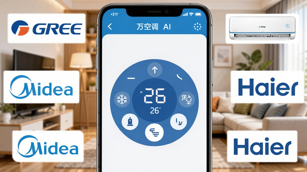 һ�������ֻ���Ļ��ʾ���ܿյ�ң��AI�������棬����������Բ�οյ�ң����壬�����¶�����26������ģʽͼ��ͷ��ٰ�ť���ֻ���Χ�����Ÿ��������ġ������ȿյ�Ʒ��Logo����������ܰ���ִ�����������������øɾ����ı�ƽ����Ʒ��ɫ������ɫ�Ͱ�ɫΪ����ϸ�����������ʸ��壬�޶���Ԫ��