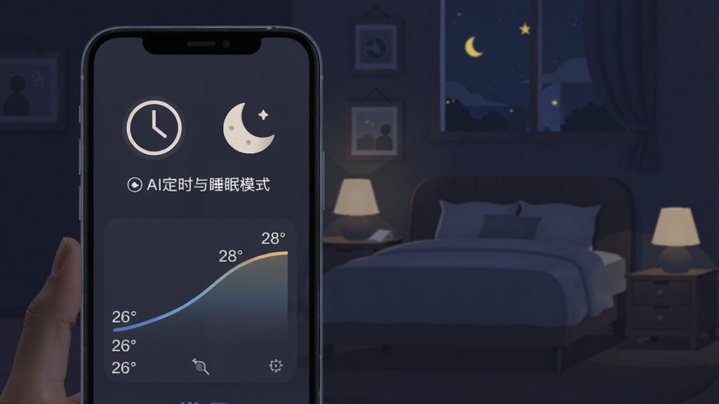 ���ܿյ�ң��AI��ʱ��˯��ģʽ���棬�ֻ���Ļ��ʾʱ��ͼ�������ͼ�꣬�·����¶�����ͼ��26�Ȼ���������28�ȣ�������ҹ�����ҳ��������Ϊ��Ͱ�ɫ����ƽ��ƣ�ϸ�����������ʸɾ����޶���Ԫ��