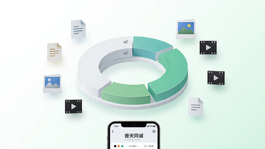 画面中央是一个圆环状存储空间分析图表,图表周围漂浮着文档、照片、视频等小图标,下方有一部手机显示“普天同诚”的存储管理界面;背景为干净的白色到浅绿色渐变,风格素雅极简,布局居中,细节清晰,画质高清,无杂乱元素。
