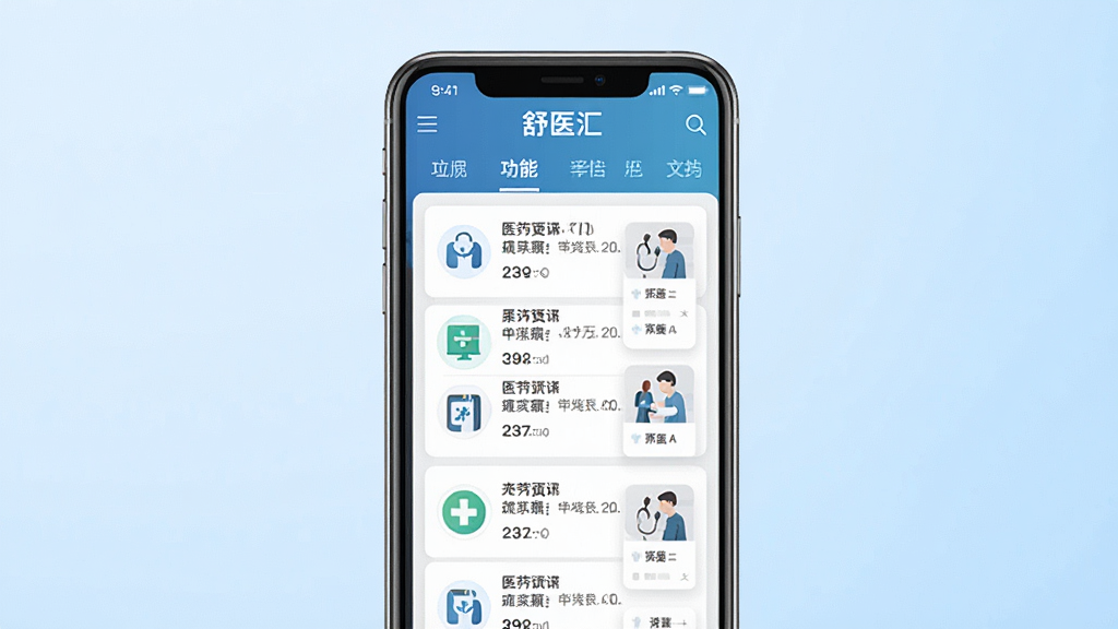 一张展示“舒医汇”移动应用核心界面的预览图,主体为一部现代智能手机,屏幕显示医药资讯列表与功能导航栏,布局采用居中构图,背景为简洁的浅蓝色渐变,风格为扁平化商务科技风,细节包含清晰的图标与卡片式设计,画质高清,干净,无多余元素