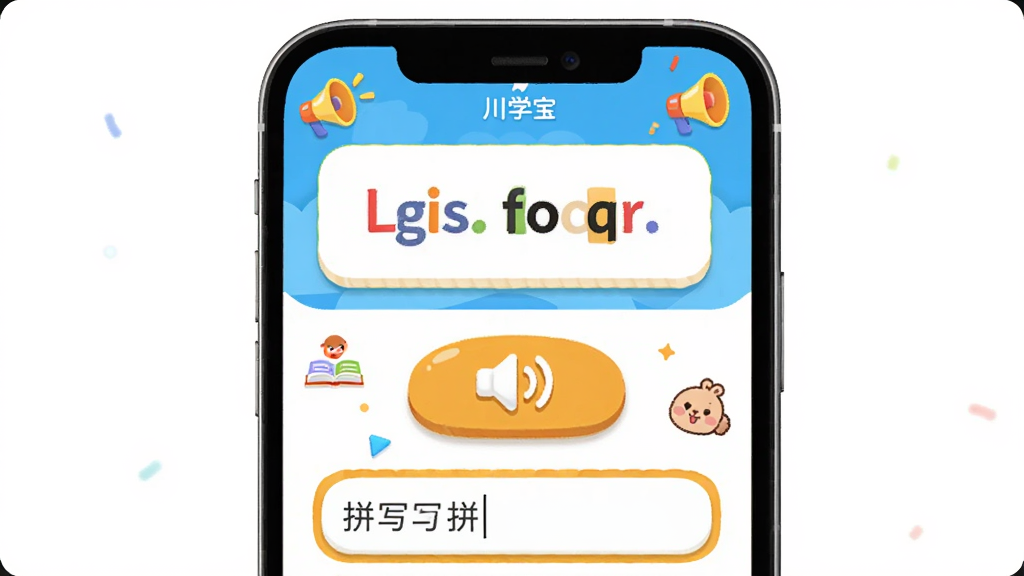 ��ѧ��Ӣ��ר��ѵ�����棬����Ϊ�ֻ���Ļ�е�Ӣ��ѧϰҳ�棬����Ϊ�Ϸ����ʿ�Ƭ���в�������ť���·�ƴд������Ű��������У����Ϊ��������Ľ�������ƣ�ϸ�ڰ���Ӣ����ĸ������ͼ�ꡢ��ͨԪ�ص�׺�������д��д�ѧ�����������ʸ��壬����ɾ����޶���Ԫ��