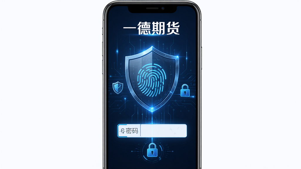 主体为一德期货安全登录界面,布局为手机屏幕中央展示指纹识别图标与密码输入框,排版上软件名称“一德期货”位于上方,风格为科技安全风,细节包含盾牌图标、加密锁和蓝色光效,画质高清、干净、无多余元素