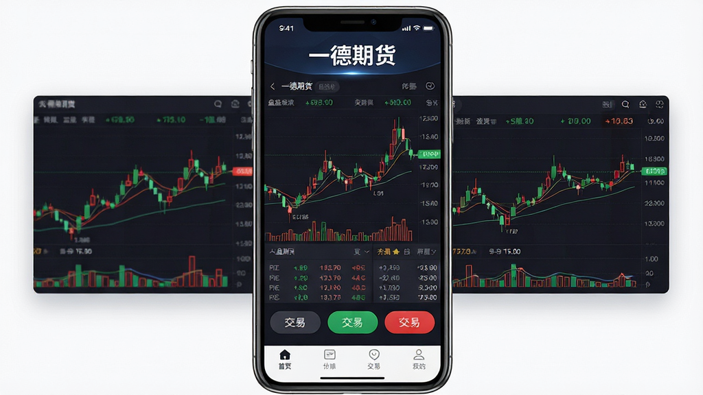 主体为一德期货手机应用界面展示,布局采用居中手机正视图搭配两侧行情图表浮层,排版上软件名称“一德期货”置于顶部醒目位置,风格为现代金融科技感,细节包含红绿K线、盘口数据、交易按钮和底部导航栏,画质高清、干净、无多余元素