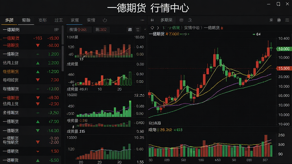 主体为一德期货实时行情界面,布局为多合约列表与K线图并列展示,排版上顶部标注“一德期货”行情中心,风格为深色专业金融风,细节包含红绿涨跌数字、成交量柱状图和均线指标,画质清晰、干净、无多余元素