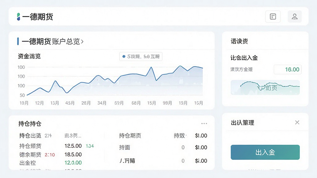 主体为一德期货账户资金管理页面,布局采用卡片式信息分层,排版上突出“一德期货”账户总览,风格为简洁浅色商务风,细节包含资金曲线、持仓列表和出入金按钮,画质干净、无多余元素