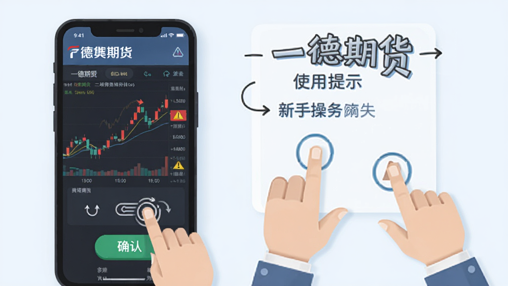 主体为一德期货新手操作指引场景,布局为手机屏幕展示交易界面与旁边的手势操作示意,排版上标注“一德期货”使用提示,风格为扁平化教学插画风,细节包含点击、滑动、确认按钮和警示图标,画质清晰、干净、无多余元素